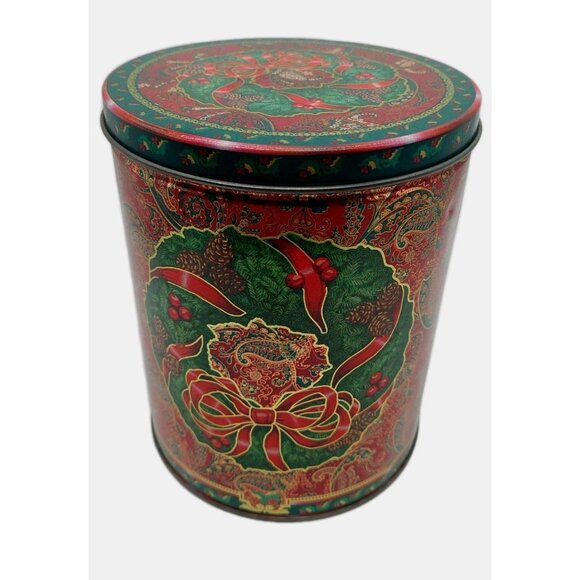 Christmas Tin Red Green Holly Paisley Ribbon Bow Floral Design 7" - Picture 1 of 10